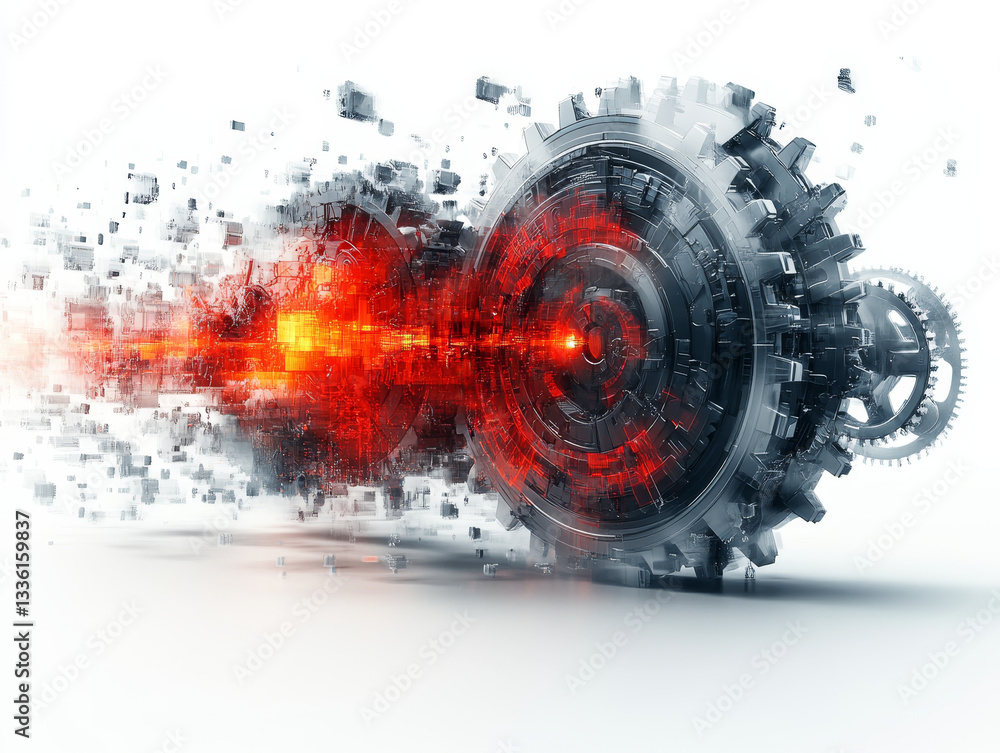 Poster high tech mechanical gears in motion with intricate design and vibrant colors