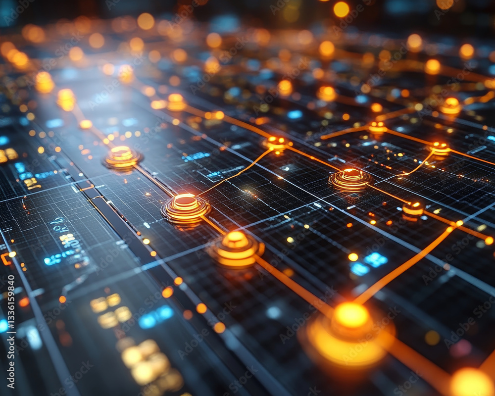 Poster digital network connections with glowing nodes and circuits