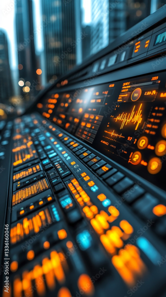 Poster modern data visualization dashboard with glowing controls and screens