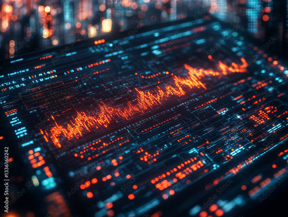 Poster digital financial data visualization with vibrant colors and patterns