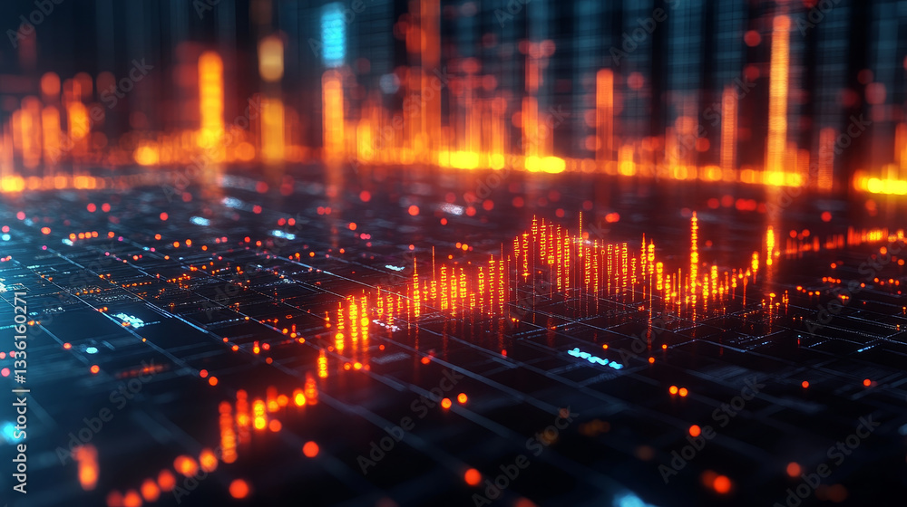 Poster dynamic data visualization with glowing stock market trends and graphs