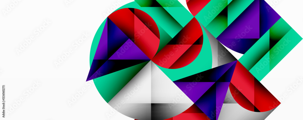 Poster Abstract geometric design with intersecting circles, triangles, squares and sharp angles creating a layered composition with gradients, depth, and contrast