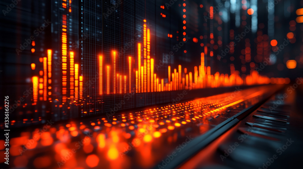 Poster dynamic data visualization with glowing orange elements and sound waves