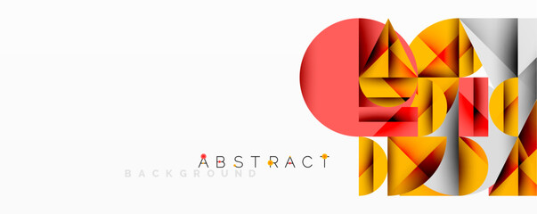 Modern abstract composition with layered circles and angular segments featuring gradients, transparency effects, and a structured geometric layout