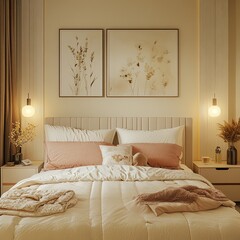 Modernist villa bedroom with beige and pink tones, white plush quilt bed, soft lighting, and wabi-sabi decor, creating a warm and minimalist atmosphere.