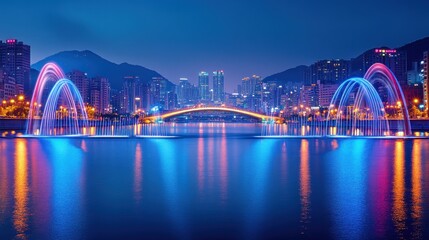 Lit water fountains span the water in an urban nighttime scene