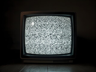 Old analog television displaying static noise in a dark room