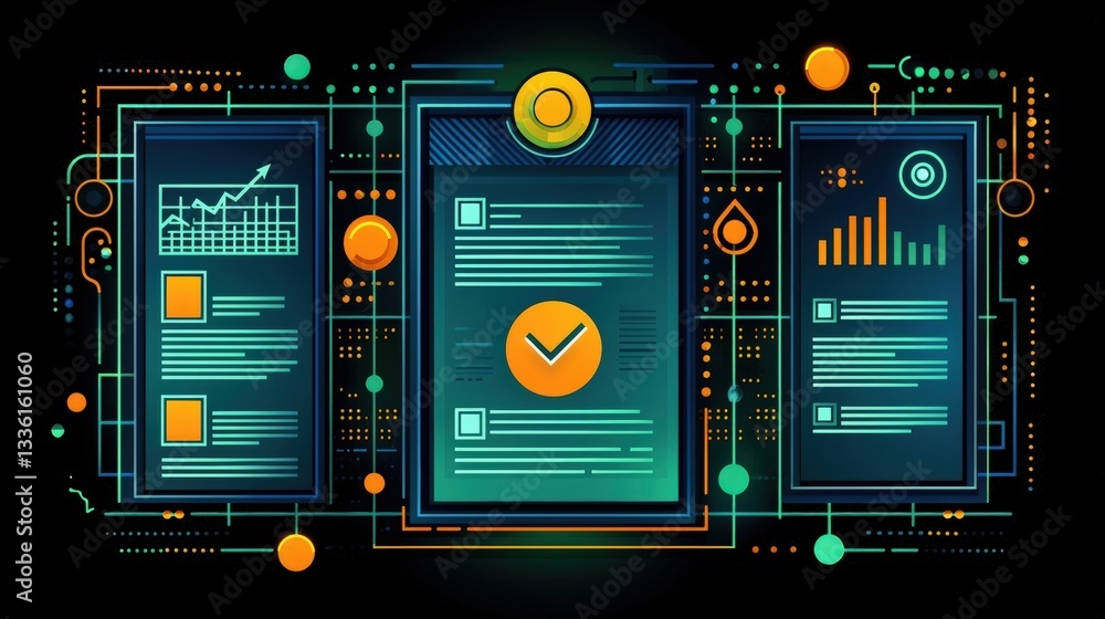 Poster modern digital interface with data visualization elements and interactive features