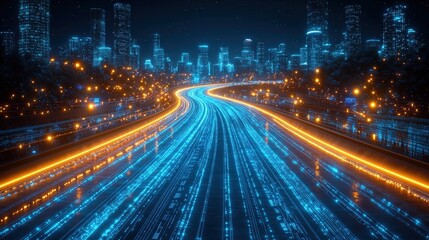 Fototapeta premium Futuristic Cityscape at Night with Bright Light Trails and Skyscrapers Illuminated by Neon
