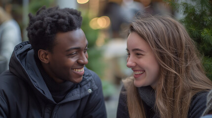 Naklejka premium Young interracial couple laughing together in a cozy outdoor setting 
