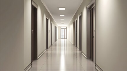 Side view of a long office corridor with a row