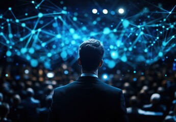 A man in a suit looks at a digital network in a conference hall.