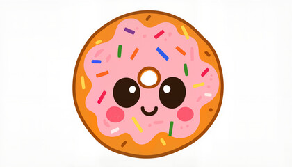 Kawaii smiling donut with sprinkles on white background, playful sweetness
