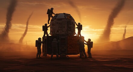 Astronauts on Mars during a sunset with dust devils