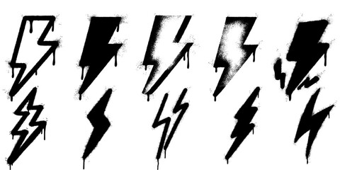 Set of Graffiti electric lightning bolt symbol Sprayed isolated with a white background. graffiti electric lightning bolt icon   with over spray in black over white. Vector illustration.