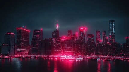 Neon Pink NYC Skyline at Night