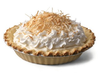 Close up of a delectable coconut cream pie topped with toasted coconut flakes showcasing its creamy filling and golden crust