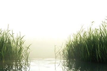 Serene marshland scene with vibrant green grass and calm water reflecting the misty light