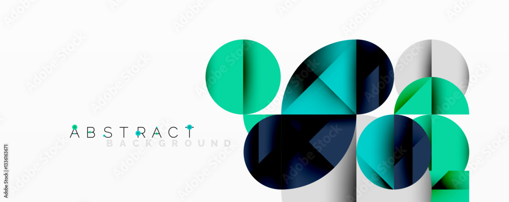 Poster Modern abstract composition with layered circles and angular segments featuring gradients, transparency effects, and a structured geometric layout