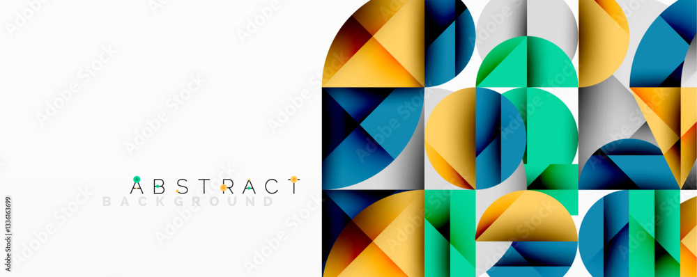 Poster Abstract geometric artwork with overlapping circles and gradients, circle square triangle shapes background featuring sharp angular cuts, smooth shading, and structured layered composition