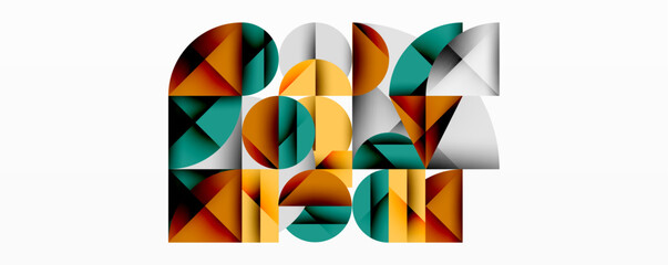 Modern abstract composition with layered circles and angular segments featuring gradients, transparency effects, and a structured geometric layout