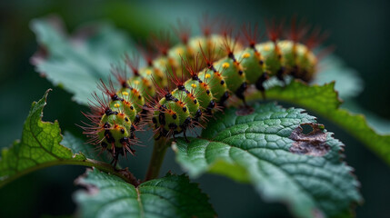 Fototapeta premium Close-up of spiny caterpillar on leaf in natural habitat