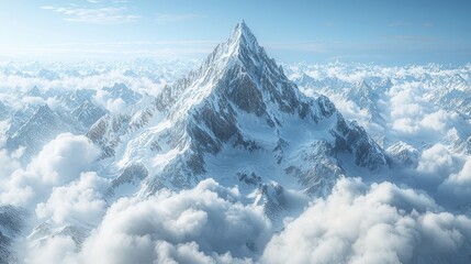 Naklejka premium Majestic Snow-Capped Mountain Peak Surrounded by Soft White Clouds in a Serene Blue Sky