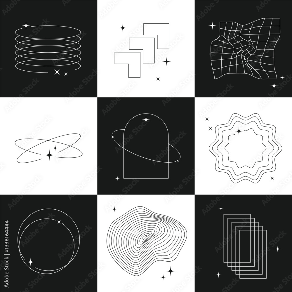 Poster retro futuristic set modern object surreal geometric shapes design