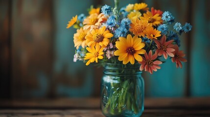 Colorful wildflowers in mason jar, rustic wood background, summer bouquet, home decor