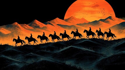 Naklejka premium Silhouetted Horsemen Riding at Dusk with Vibrant Sunset Over Majestic Mountains