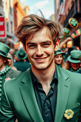 Fototapeta premium Smiling Young Man in Green Attire