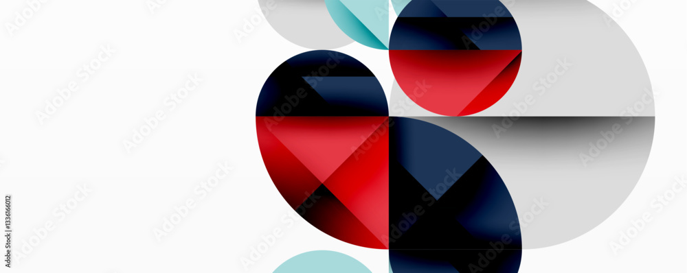Poster Abstract geometric artwork with overlapping circles and gradients, circle square triangle shapes background featuring sharp angular cuts, smooth shading, and structured layered composition