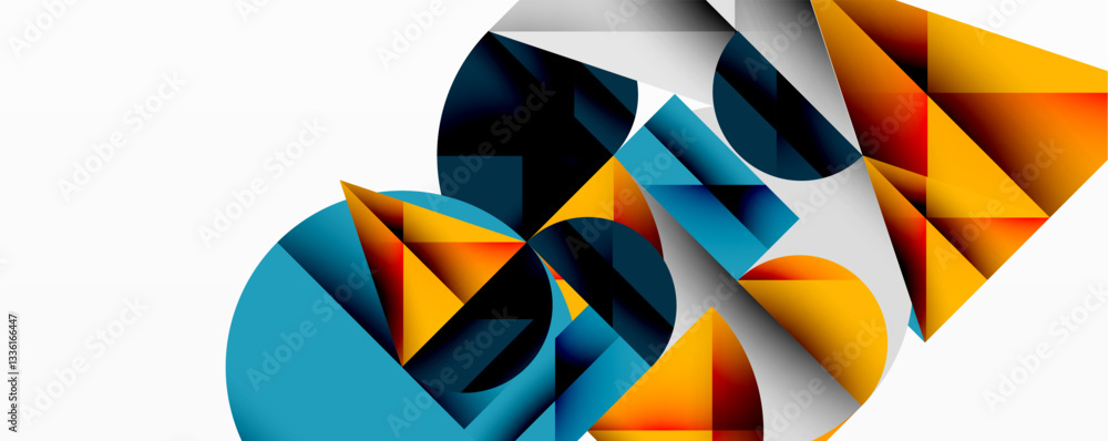 Poster Abstract geometric artwork with overlapping circles and gradients, circle square triangle shapes background featuring sharp angular cuts, smooth shading, and structured layered composition