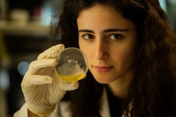 Lab technician examining a petri dish containing a precision fermentation sample, representing advanced biotechnology research
