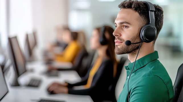 Focused Support: A customer service representative with a headset deeply engaged in a task, embodying professional focus and dedication in a modern workspace, with a backdrop of blurred colleagues.