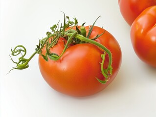 A bunch of fresh red vine tomatoes covered in water droplets, isolated on a white background
