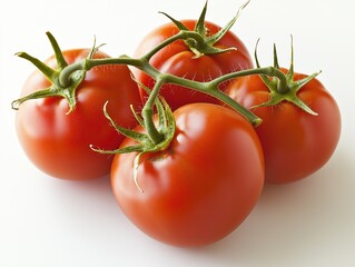 A bunch of fresh red vine tomatoes covered in water droplets, isolated on a white background