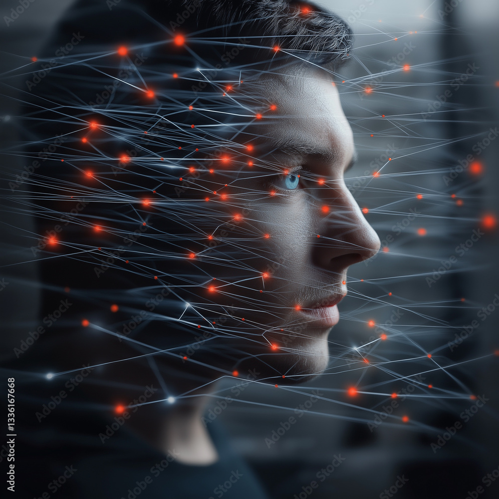 Poster deepfake ai. machine learning. synthetic media. face swap. video manipulation cybercrime. glowing ne