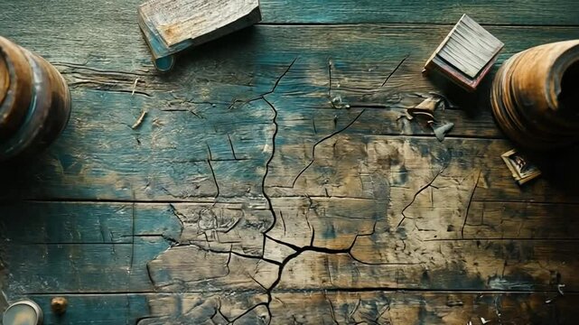 Vintage tabletop background with antique artifacts and cracked wood texture