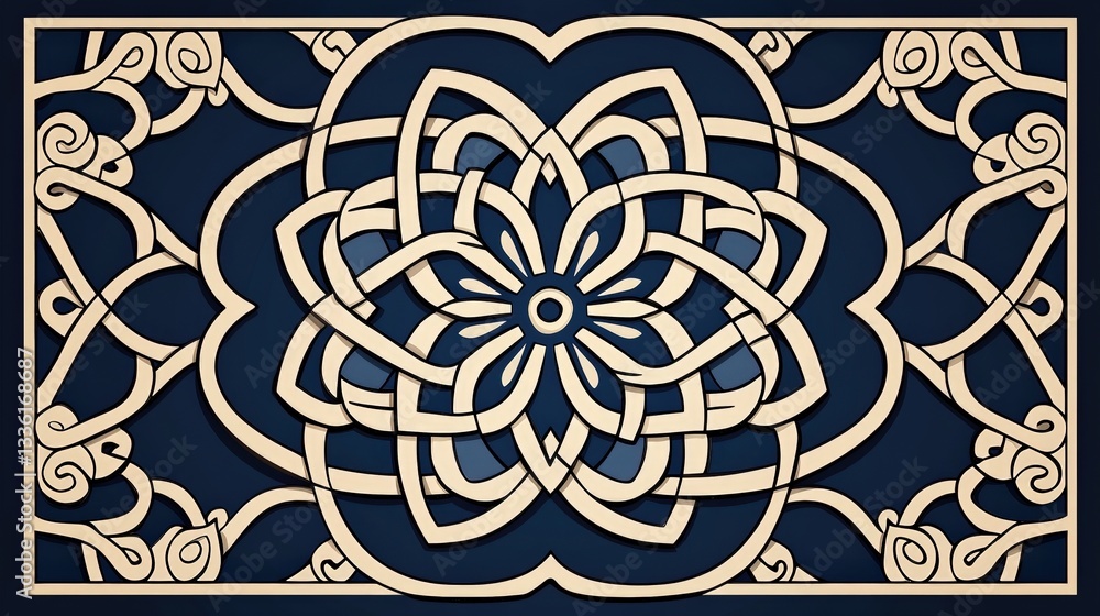 Poster intricate geometric design with floral elements and decorative patterns on dark background