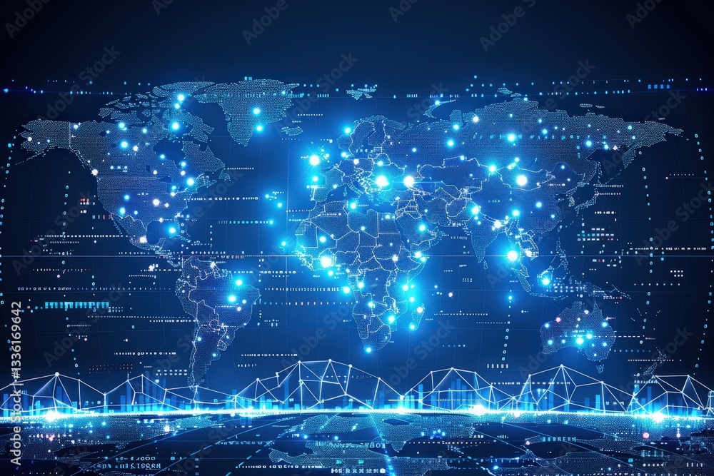 Poster a blue and white computer screen with a map of the world and many dots