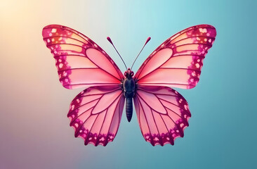 Obraz premium Beautiful pink butterfly with glowing wings on beautiful fairytale background.