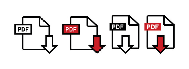 PDF File Download Icon Vector. Document Symbol, Digital Format, Red Arrow, File Transfer, Save Button, Web Graphic, UI Element, Data Storage, Outline Illustration, Printable Sign, Internet File Symbol