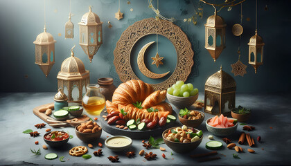 Eid Al-Fitr Celebration Table with Crescent Decor and Festive Foods