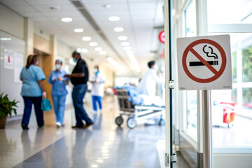 Obraz premium A hospital corridor with healthcare professionals in scrubs and a no smoking sign, emphasizing a smoke-free environment.