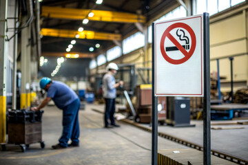 A factory interior featuring workers, machinery, and a prominent "no smoking" sign emphasizing safety regulations.