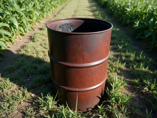 Obraz premium weathered rusty brown metal barrel sits on a grassy path between rows of green plants
