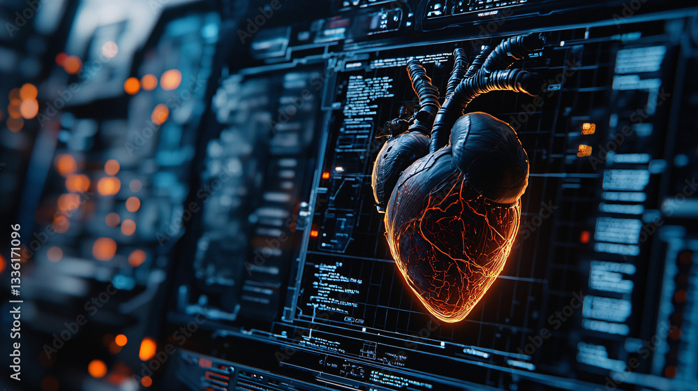 Poster cardiovascular digital heart design with technology elements displayed on a screen.