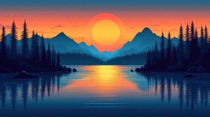 Obraz premium Vibrant Sunset Over Serene Lake Surrounded by Majestic Mountains and Lush Forests