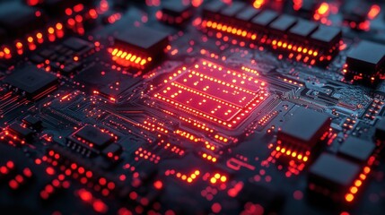 Fototapeta premium Illuminated CPU on Circuit Board, Technology, Red Glow